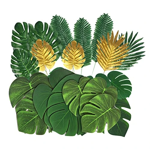 86Pcs 8Kinds Artificial Tropical Palm Leaves Jungle Safari Leaves Faux Plant Golden Leaves Decorations For Hawaiian Beach Birthday Luau Party Table Decorations 1 86Pcs 8Kinds Artificial Tropical Palm Leaves Jungle Safari Leaves Faux Plant Golden Leaves Decorations For Hawaiian Beach Birthday Luau Party Table Decorations