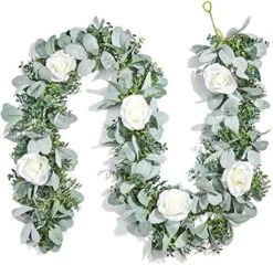 Miracliy 6 Ft Eucalyptus Garland With Flowers, Lambs Ear Greenery White Roses Flower Garland Fake Vines For Wedding Boho Table Mantle Backdrop Party Farmhouse Home Decor -Organic Plant Shop 51INLJdyPnS. AC