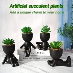 4 PCS Fake Succulent With Ceramic Artificial Succulent Planter Pot For Home Decor, Cute Human Shaped Mini Pots For Office Desk Bathroom Decorations (Matte Black) -Organic Plant Shop 51KNgRV85xL