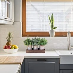 Set Of 3 Mini Potted Plants Arrangement Faux Boxwood Eucalyptus Rosemary Plants In Rustic Galvanized Metal Pots With Rectangle Wood Box For Farmhouse Table Centerpiece Mantel Kitchen Greenery Decor -Organic Plant Shop 51KfZorKvzL