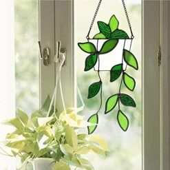 BOXCASA Green Plants Artificial Decor,Handcrafted Green Fake Plant Stained Glass Window Hanging,Faux Plant Suncatchers Decoration Gifts For Plant Lovers,Plant Gift For Mother Nana Grandma Aunt -Organic Plant Shop 51LWbBJ9TNL