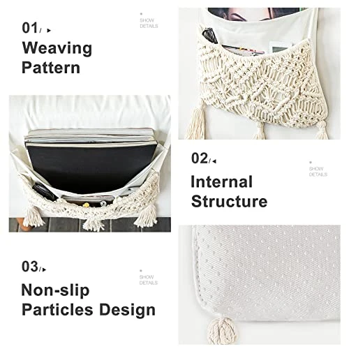 Mkono Macrame Sofa Armrest Organizer Remote Control Holder Couch Bedside Armchair Caddy Storage Basket Bag For TV Remote Control, Magazine, Books, Cell Phone, IPad, Boho Home Dorm Decor, Ivory 2 Mkono Macrame Sofa Armrest Organizer Remote Control Holder Couch Bedside Armchair Caddy Storage Basket Bag For TV Remote Control, Magazine, Books, Cell Phone, IPad, Boho Home Dorm Decor, Ivory - Image 2