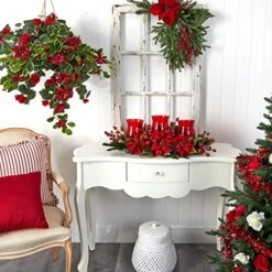 Nearly Natural 4914 Mini Poinsettia & Berry Triple Candelabrum, Red -Organic Plant Shop 51PRS11ZeRL