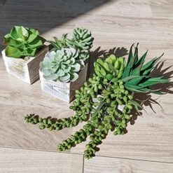Set Of 3 Small Potted Succulents Plants Arrangement Decoration Assorted Green Fake Succulents Aloe In Rusitc Wooden Pots For Home Living Room Bathroom Table Windowsill Shelf Office Desk Indoor Decor -Organic Plant Shop 51QDowcrLkL