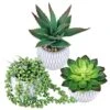 Set Of 3 Small Potted Succulent Plants Artificial Hanging Succulent Aloe In Gray Concrete Ceramic Pots With Geometry Textured For Party Favor Gift Windowsill Table Shelf Indoor Outdoor Greenery Decor