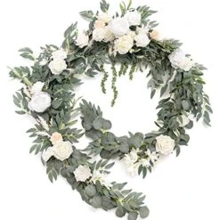Ling's Moment 9FT Eucalyptus And Willow Leaf Garland With White Flower, Handcrafted Wedding Sweetheart Table Centerpieces Head Table Decor Arch Backdrop Decorations For Wedding | White & Sage