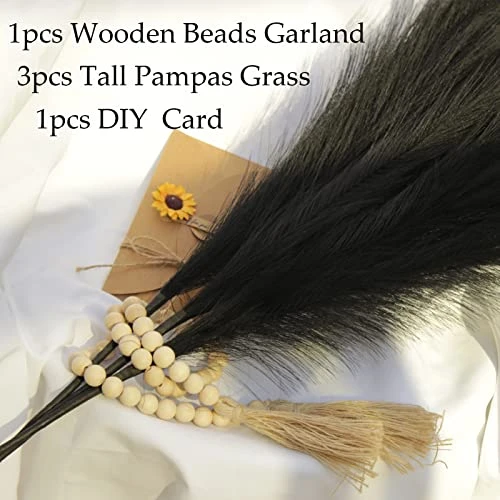 Black Faux Pampas Grass Set Of 3Pcs,43"/110cm Tall Fake Pompas Floral With DIY Card & Wooden Beads Garland,Large Artificial Pompous Grass Branches Plants For Floor Vase Filler Home Boho Decoration 1 Black Faux Pampas Grass Set Of 3Pcs,43"/110cm Tall Fake Pompas Floral With DIY Card & Wooden Beads Garland,Large Artificial Pompous Grass Branches Plants For Floor Vase Filler Home Boho Decoration