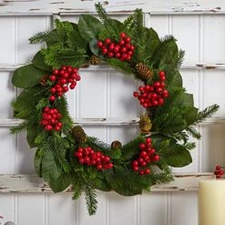 Nearly Natural 24 In. Magnolia Leaf, Berry And Pine Artificial Wreaths, Green 9 Nearly Natural 24 In. Magnolia Leaf, Berry And Pine Artificial Wreaths, Green -Organic Plant Shop 51YnuxIgKML