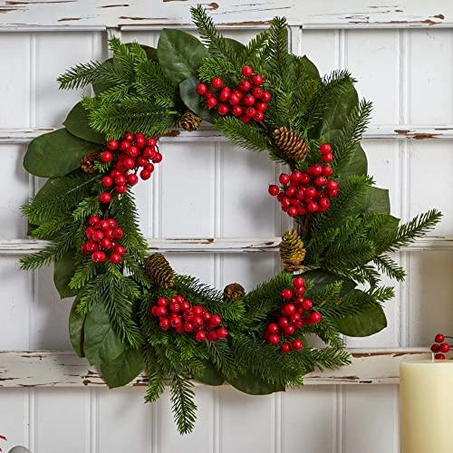 Nearly Natural 24 In. Magnolia Leaf, Berry And Pine Artificial Wreaths, Green 5 Nearly Natural 24 In. Magnolia Leaf, Berry And Pine Artificial Wreaths, Green - Image 5