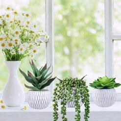 Set Of 3 Small Potted Succulent Plants Artificial Hanging Succulent Aloe In Gray Concrete Ceramic Pots With Geometry Textured For Party Favor Gift Windowsill Table Shelf Indoor Outdoor Greenery Decor -Organic Plant Shop 51aDdfduXAL