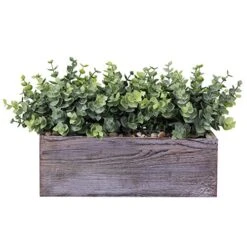 Faux Eucalyptus Plants In Rustic Rectangular Wood Planter Box Artificial Eucalyptus Greenery Arrangement Potted Plant In Dusty Green For Wedding Centerpiece Office Room Table Windowsill Décor