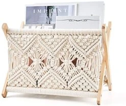Mkono Macrame Magazine Rack Boho Magazine Holder Storage Standing Basket For Books, Newspapers, Swaddle Blanket, Living Room, Bathroom, Office, Nursery, Home Decor, Medium Size, 14’’L X 10’’W