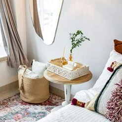 Mkono Macrame Decorative Tray Boho Home Decor Basket With Wooden Handles Handmade Woven Jewelry Perfume Makeup Storage Organizer For Vanity, Dresser, Countertop, Bedroom, Living Room, 14''L X 10''W