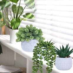Winlyn 3 Pcs Assorted Small Potted Succulent Plants Artificial Aloe Hanging Succulent In White Geometric Concrete Ceramic Pots For Gift Party Wedding Favors Windowsill Table Shelf Indoor Outdoor Decor -Organic Plant Shop 51bVTswxPEL