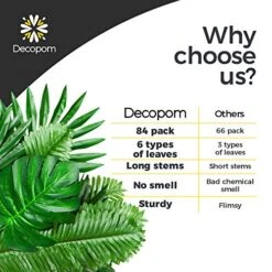 Decopom Palm Leaves Artificial Tropical Monstera-84Pcs 6 Kinds Large Small Green Fake Palm Leaf With Stems For Safari Jungle Hawaiian Luau Party Table Decoration Wedding Birthday Theme Party -Organic Plant Shop 51bfzQf7u2L