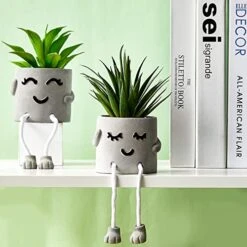 Artificial Potted Plant Faux Succulent Plant Cubicle Decor Cute Fake Desktop Plant Hanging Leg Cement Potted Decor For Bookshelf Bedroom Living Room Office Decor (Simple Style,2 Pcs) -Organic Plant Shop 51c8bVhowYL