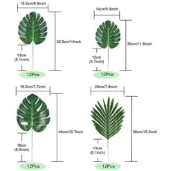 Auihiay 48 Pieces 4 Kinds Palm Leaves Tropical Leaves With Jungle Leaf Monstera Leaves Safari Leaf For Hawaiian Luau Party Jungle Beach Table Leave Decorations