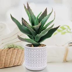 Set Of 3 Assorted Small Potted Plants Fake Eucalyptus Boxwood Plants And Aloe Succulent Plant In Gray Geometric Concrete Ceramic Pots For Gifts Home Kitchen Table Desk Indoor Outdoor Greenery Decor -Organic Plant Shop 51f3WsRw8rL