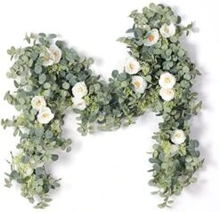 PARTY JOY 6.56ft Eucalyptus Garland With Flowers-8 White Roses, Artificial Fake Flowers Greenery Garland Floral Vines For Decoration Party Wedding Table Indoor Outdoor Backdrop Wall Decor(White) -Organic Plant Shop 51fcfCPsk6L. AC