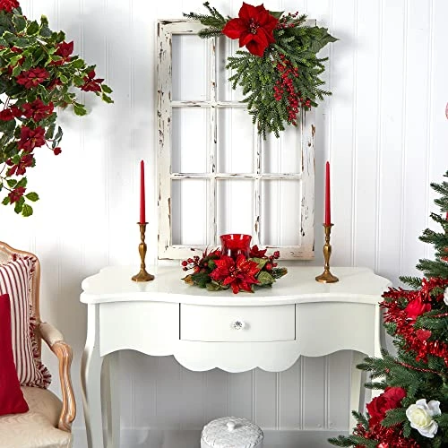 Nearly Natural 4920 Poinsettia And Berry Candleabrum, Red 4 Nearly Natural 4920 Poinsettia And Berry Candleabrum, Red - Image 4