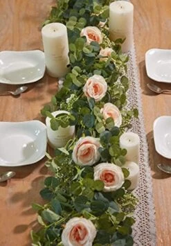 PARTY JOY 6.56ft Eucalyptus Garland With Flowers-8 White Roses, Artificial Fake Flowers Greenery Garland Floral Vines For Decoration Party Wedding Table Indoor Outdoor Backdrop Wall Decor(White) -Organic Plant Shop 51mX16azpL. AC
