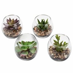 MyGift Assorted Artificial Succulent Fake Plant In Small Clear Glass Display Vases, Set Of 4