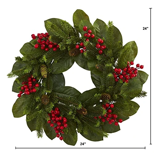 Nearly Natural 24 In. Magnolia Leaf, Berry And Pine Artificial Wreaths, Green 2 Nearly Natural 24 In. Magnolia Leaf, Berry And Pine Artificial Wreaths, Green - Image 2