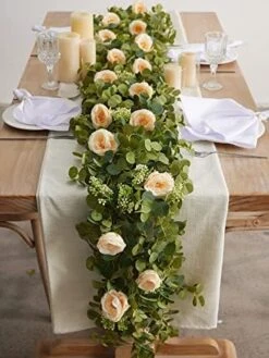 PARTY JOY 6.56ft Eucalyptus Garland With Flowers-8 White Roses, Artificial Fake Flowers Greenery Garland Floral Vines For Decoration Party Wedding Table Indoor Outdoor Backdrop Wall Decor(White) -Organic Plant Shop 51n4mYYXP1L. AC