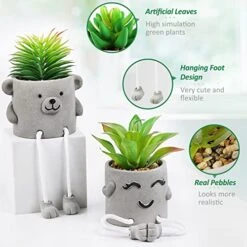 Natheeph 2 Pcs Succulents Plants Artificial Fake Plant Faux Succulents Hanging Leg With Cement Potted For Home Office Desk Bedroom Bookshelf Greenery Decoration (Smile & Bear) -Organic Plant Shop 51pUC9c69dL