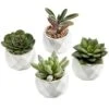 MyGift Miniature Artificial Succulents, Indoor Fake House Plants In Round White Geometric Ceramic Pots, Set Of 4