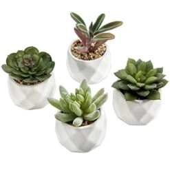 MyGift Miniature Artificial Succulents, Indoor Fake House Plants In Round White Geometric Ceramic Pots, Set Of 4