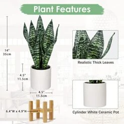 Briful 14'' Fake Snake Plant Home Decor Real Touch Faux Sansevieria Plant In White Ceramic Pot With Wooden Stand Artificial Snake Plant With Wide Leaves For Kitchen Living Room Bathroom Decorations -Organic Plant Shop 51sypgQwHqL