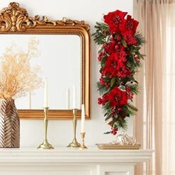 Nearly Natural 4656 Poinsettia Teardrop Wreath, Red/Green -Organic Plant Shop 51tdU310TDS