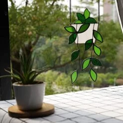 BOXCASA Green Plants Artificial Decor,Handcrafted Green Fake Plant Stained Glass Window Hanging,Faux Plant Suncatchers Decoration Gifts For Plant Lovers,Plant Gift For Mother Nana Grandma Aunt -Organic Plant Shop 51uMTFGjhFL