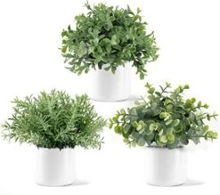 Mkono Fake Plants In Ceramic Pot, 3 Pack Potted Artificial Eucalyptus Plants For Home Decor Indoor Faux Green Rosemary For Desk Shelf Coffee Centerpiece Bathroom Office Decor