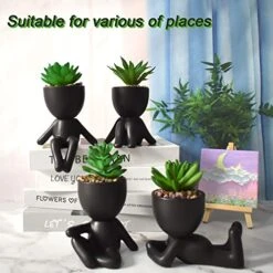 4 PCS Fake Succulent With Ceramic Artificial Succulent Planter Pot For Home Decor, Cute Human Shaped Mini Pots For Office Desk Bathroom Decorations (Matte Black) -Organic Plant Shop 51w4qnZnOiL