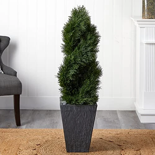 Nearly Natural 5703 Cypress Double Spiral Topiary In Slate Planter, 4' , Green 5 Nearly Natural 5703 Cypress Double Spiral Topiary In Slate Planter, 4' , Green - Image 5