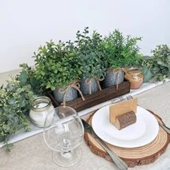 Set Of 3 Mini Potted Plants Arrangement Faux Boxwood Eucalyptus Rosemary Plants In Rustic Galvanized Metal Pots With Rectangle Wood Box For Farmhouse Table Centerpiece Mantel Kitchen Greenery Decor -Organic Plant Shop 51wsjoJ1TxL