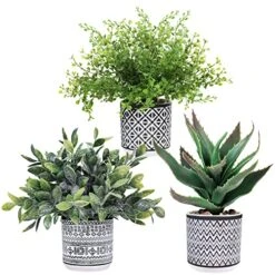 Set Of 3 Assorted Small Potted Plants Fake Eucalyptus Boxwood Plants Aloe Succulent Plant In Black And White Geometric Pots For Table Centerpiece Windowsill Shelf Indoor Outdoor Garden Greenery Decor