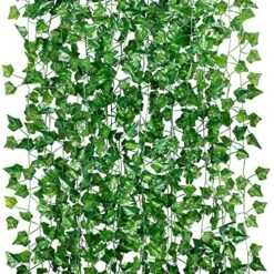 GPARK 84ft 12 Pack / 82 Inch, Artificial Ivy Garland Fake Leaf Plants Vine, Hanging Leaves Garlands For Wedding Party Garden Kitchen Outdoor Greenery Wall Decor Green
