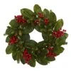 Nearly Natural 24 In. Magnolia Leaf, Berry And Pine Artificial Wreaths, Green
