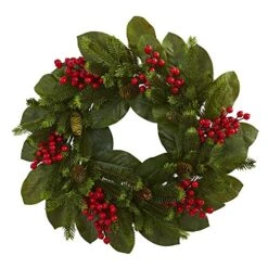 Nearly Natural 24 In. Magnolia Leaf, Berry And Pine Artificial Wreaths, Green