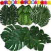 Moon Boat 120PCS Tropical Palm Leaves Plants Hibiscus Artificial-105Pcs 7 Kinds Green Fake Leaf+15pcs Flowers, Hawaiian/Luau/Safari Jungle Party Table Decorations