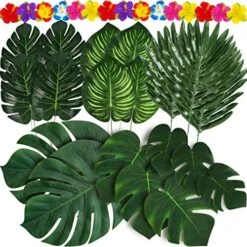 Moon Boat 120PCS Tropical Palm Leaves Plants Hibiscus Artificial-105Pcs 7 Kinds Green Fake Leaf+15pcs Flowers, Hawaiian/Luau/Safari Jungle Party Table Decorations -Organic Plant Shop 61J553RgQXL. AC