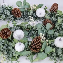 Fall White Pumpkin Garland Artificial Eucalyptus Garland With Pumpkins Pinecones Berries Fall Garland 5.9' L For Farmhouse Wedding Arch Backdrop Thanksgiving Mantel Table Runner Centerpiece Decor