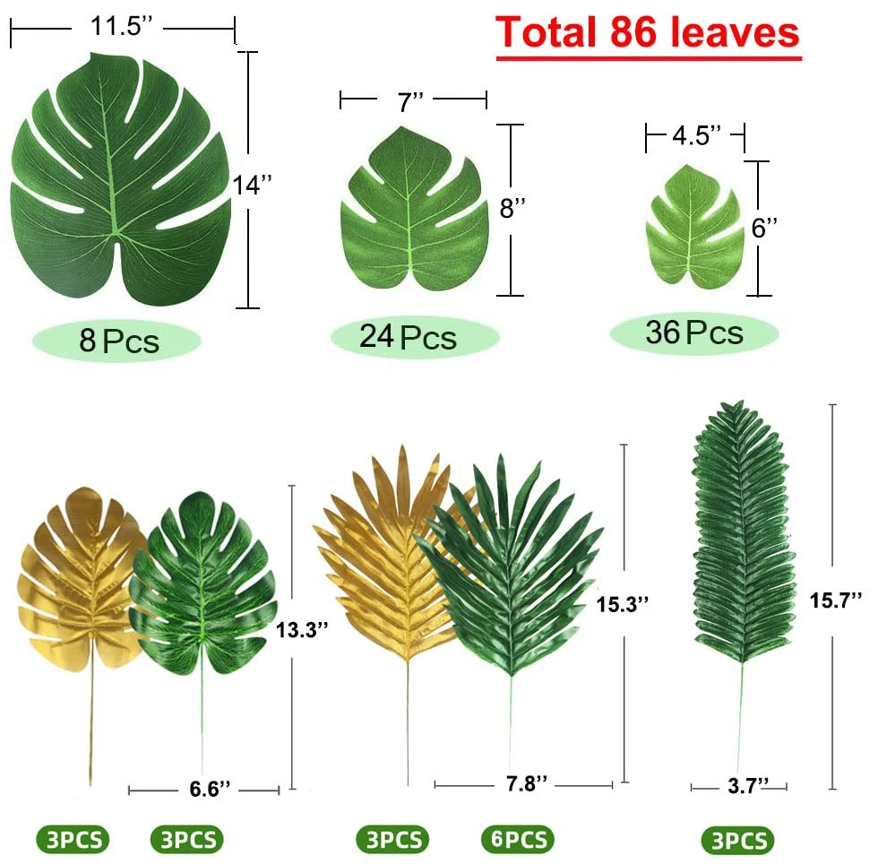 86Pcs 8Kinds Artificial Tropical Palm Leaves Jungle Safari Leaves Faux Plant Golden Leaves Decorations For Hawaiian Beach Birthday Luau Party Table Decorations 6 86Pcs 8Kinds Artificial Tropical Palm Leaves Jungle Safari Leaves Faux Plant Golden Leaves Decorations For Hawaiian Beach Birthday Luau Party Table Decorations - Image 6